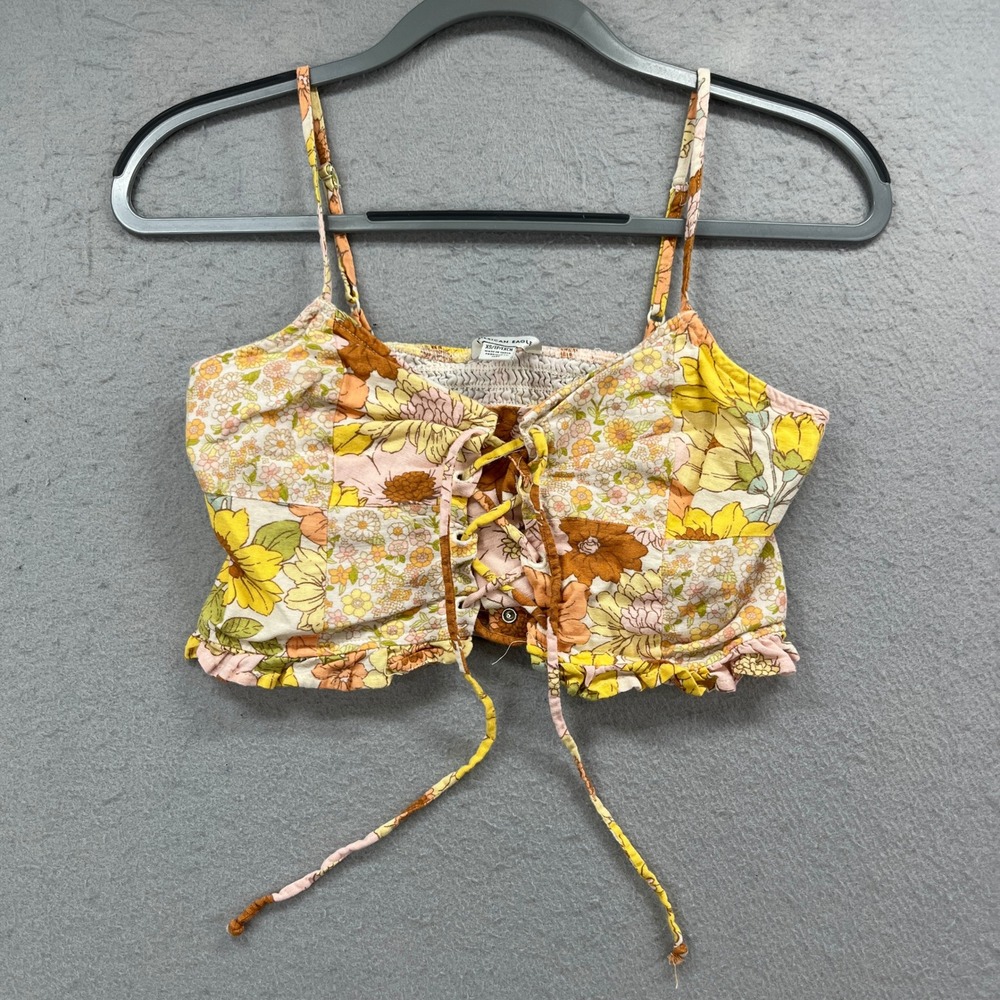 American Eagle Crop Top Womens XS Yellow Floral Patchwork Boho Lace Up Smocked